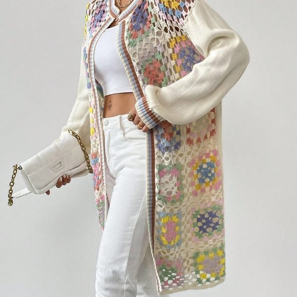 Apricot Casual Womens Geo Pattern Drop Shoulder Open Front Cardigan - Picture 5 of 5